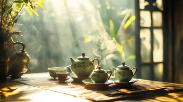 Tea pots and cups on a table with sunlight streaming through the window photo