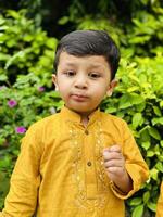Two young boys in yellow shirts standing in front of bushes photo