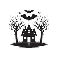 Black silhouette of haunted house with bats isolated on a white background. Concept of spooky decoration, haunted castle, minimalist style, spooky mansion, Halloween design. Print, design element vector