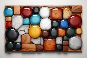 Colorful Glossy Spheres and Wooden Shapes in a Frame photo