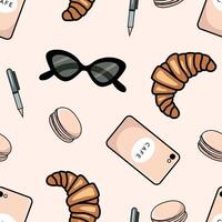 Parisian Sunglasses, Macaron, and Croissant Pattern Design vector
