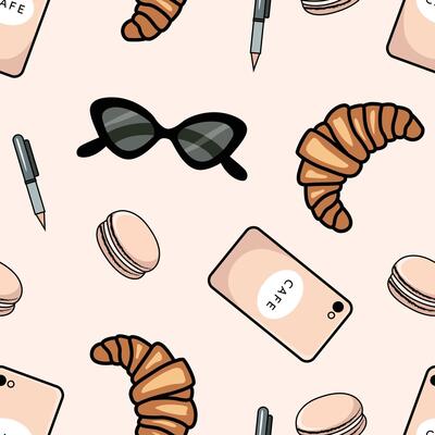 Parisian Sunglasses, Macaron, and Croissant Pattern Design