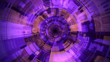 Seamless looped digital hologram tunnel with orange and purple patterns of spaceship interior. Futuristic VJ loop background with glowing corridor for science fiction and music performance. 4K 60fps video