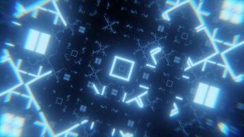 Looped abstract background with flying through bright glowing patterns pulsating in the dark. Technology animation for stage performance, futuristic art and computer science. Seamless VJ loop 4K 60fps video