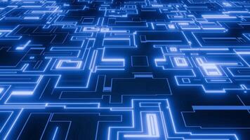 Digital technology background with transforming patterns and bright blue glow effect. Abstract circuit board animation for science fiction, cyberspace and computer connections visualization. 4K 60fps video