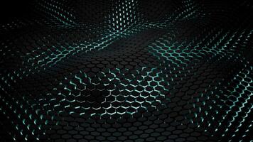 Futuristic wavy field background with a flow of black hexagon shapes and bright blue glow in sci fi style. Abstract technology animation of elegant waves made of smooth elements. 3D render, 4K 30fps video