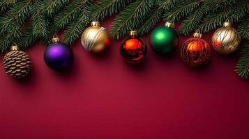 Festive Christmas background featuring colorful ornaments and pine branches for holiday decorations photo