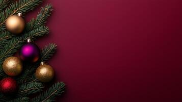 Festive Christmas background featuring colorful ornaments and evergreen branches for text photo