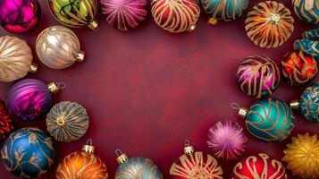 Colorful Christmas ornaments arranged on a red background with space for festive text photo