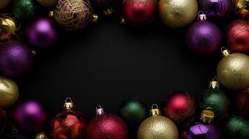 Festive Christmas ornaments arranged on a black background with space for your holiday message photo