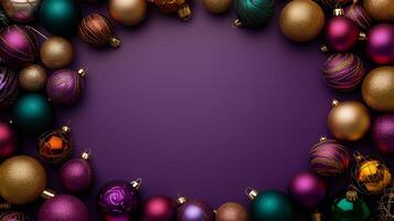 Decorative Christmas ornaments create a festive background with ample copy space for your message photo