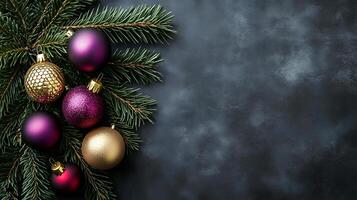 Elegant Christmas decorations with colorful ornaments on a dark background and space for text photo