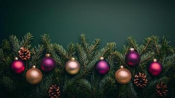 Colorful Christmas ornaments and pine branches create a festive background for your message photo