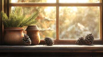 Cozy winter window display with Christmas decorations and pinecones in a warm interior setting photo