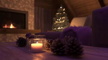A cozy winter evening by the fireplace with Christmas decorations and a glowing tree photo