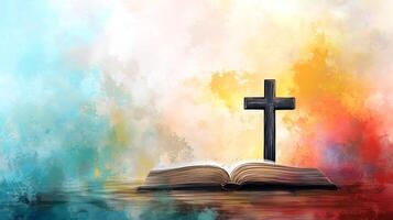 A cross resting on an open book against a colorful wooden background photo