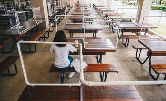 Rear view of woman sitting on wooden table with group of plastic partition setting on table in canteen for reduce and protection the COVID-19 virus spreads in pandemic. photo