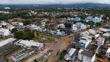 Chiang Rai, Thailand 13-September-2024 - Aerial view of King Mengrai monument landmark in the heart of Chiang Rai downtown after typhoon Yagi has swept Chiang Rai province of Thailand. photo