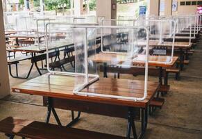 Group of plastic partition setting on table in canteen for reduce and protection the COVID-19 virus spreads in pandemic. Social distancing concept. photo