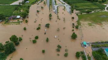 Aerial view of Chiang Rai downtown flooding by Kok river after heavy rain. This river is the blood line for people of Chiang Rai, started from the hills on boarder of Myanmar. photo