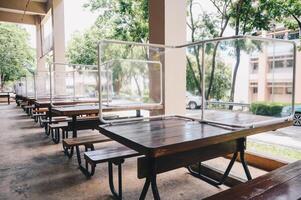 Group of plastic partition setting on table in canteen for reduce and protection the COVID-19 virus spreads in pandemic. Social distancing concept. photo