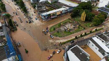 Chiang Rai, Thailand - 13-September-2024 - Aerial view of King Mengrai monument landmark in the heart of Chiang Rai downtown after typhoon Yagi has swept Chiang Rai province of Thailand. photo