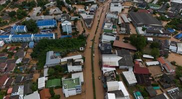 Aerial view of Chiang Rai downtown flooding by Kok river after typhoon Yagi has swept Southeast Asia. photo