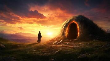 The moment of resurrection at the empty tomb with a vibrant sunset in the background photo