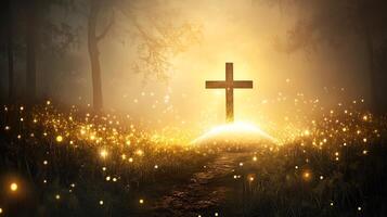 The empty tomb at dawn signifies the resurrection of Jesus in a mystical forest setting photo