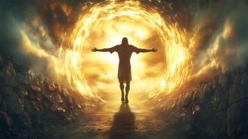 el Resurrección de Jesús representado mediante un vacío tumba iluminado por adivinar ligero foto