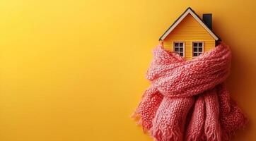 Yellow statuette of a house wrapped in a pink scarf on a yellow background with space for text photo