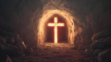 Resurrection of Jesus at the empty tomb with a glowing cross in the background photo