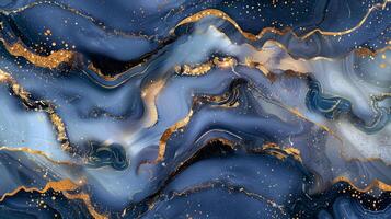 Elegant blue and gold marble texture, showcasing fluid patterns with rich color variations photo
