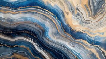 Elegant marble texture backdrop with swirling blue and gold patterns for elegant design projects photo