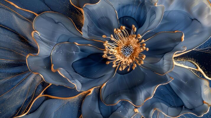 Exquisite blue marble ink floral design featuring delicate golden accents and intricate details