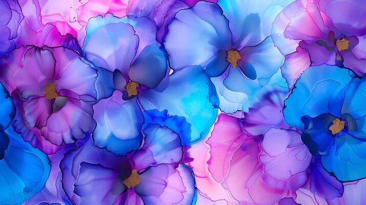 Vibrant floral abstract with blue and purple blooms on a marble ink background