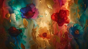 Colorful marble ink background with vibrant floral patterns in warm tones photo