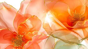 Delicate orange and gold blossoms on a soft marble ink background with flowing textures photo