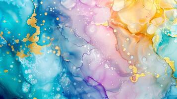 Marble ink background with vibrant swirls of blue, pink, and gold creating an abstract design photo