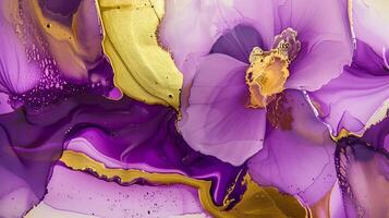Beautiful abstract marble ink background with purple and gold tones featuring floral elements photo