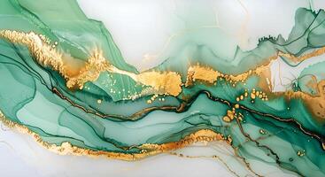 Elegant marble ink background featuring flowing green and gold patterns in abstract design photo