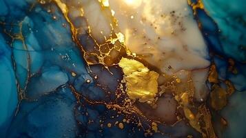 Abstract marble ink background with blue and gold shades creating a luxurious effect photo