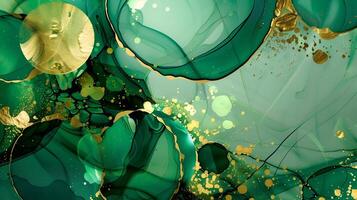Elegant marble ink background with green and gold circular patterns blending seamlessly photo
