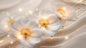 Elegant white flowers with delicate petals and shimmering accents on a marble ink background photo
