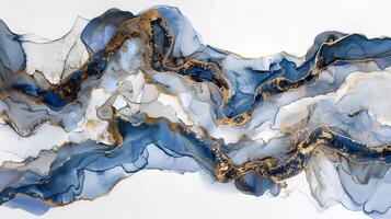 Unique marble ink background with flowing blue and gold patterns for artistic design projects photo