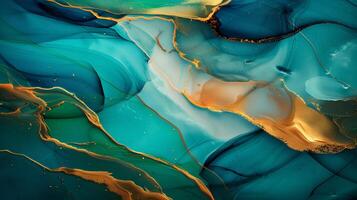 Abstract marble ink background featuring blue and gold tones with flowing patterns in artistic style photo