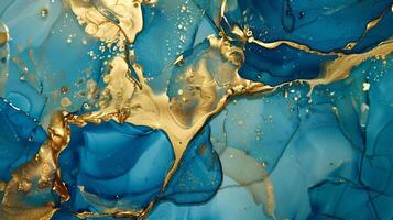 Swirling patterns of blue and gold create an elegant marble ink background for creative projects photo
