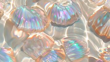 Vibrant opal texture background featuring iridescent shells in soft, flowing water on a sunny day photo
