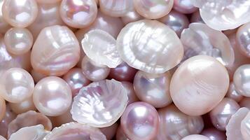 Shells and pearls scattered on a soft pearl background creating a tranquil oceanic ambiance photo