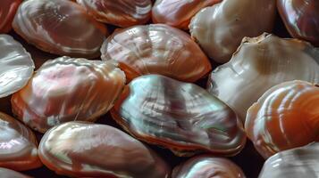 Beautiful collection of iridescent pearl shells arranged on a soft background for display photo
